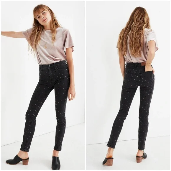 Madewell 10" High Rise Skinny Jeans Faded Black with Gold Polka Dots - Picture 2 of 6